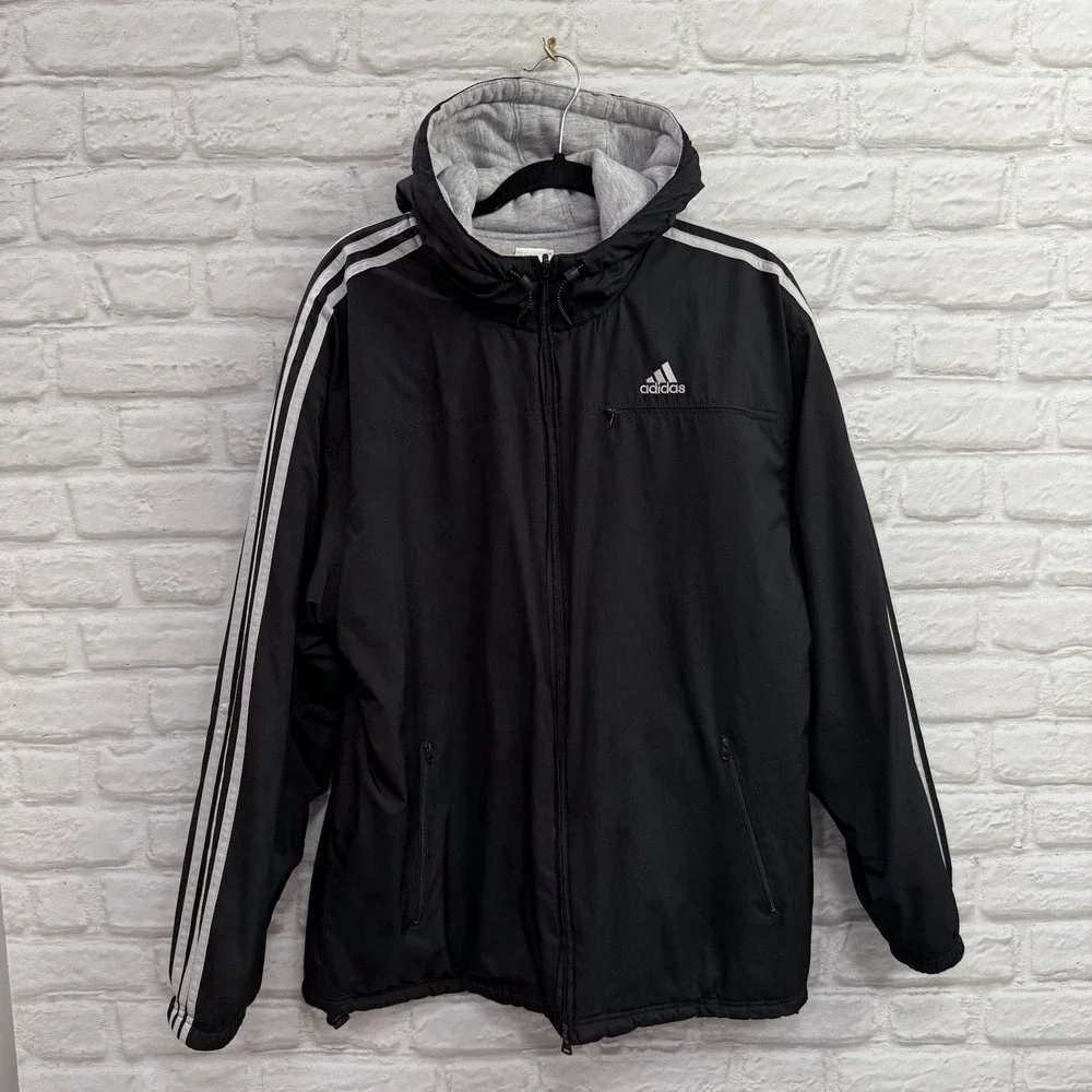 Vtg Adidas Men's M/L Black Gray Reversible Jacket 3 Stripe Logo Hooded Coat 90's